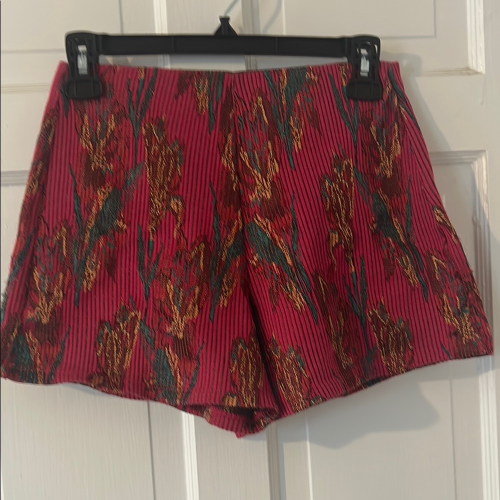 Zara High-Waist Floral Print Shorts - Fuchsia with Green & Gold Accents